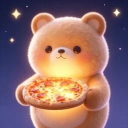 a very very cute stuffed animal holding a glowing pizza in it's hands, backlight, 3 d render, octane render, magical lighting, stars in the night sky, digital art, artstation, pixar still