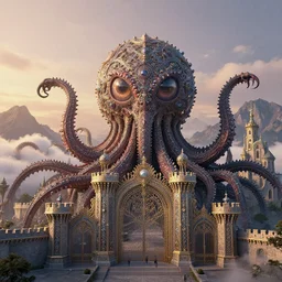 eyeball tentacle dragonclaw antler castle at dawn, jeweled architecture, massive gates, tower keep, ornate ironwork, detailed infrastructure by greg rutkowski, artstation and frank lloyd wright, extremely hyperdetailed, intricate construction, ramparts, church, mountains, clouds, uhd