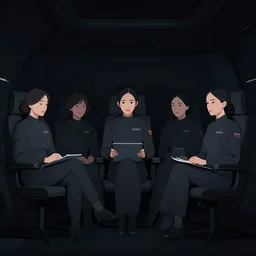 all - female crew in a minimalistic, dark ( spaceship ), digital art.