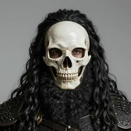 portrait of a 6 0 - year - old giant viking king wearing a skull mask with long tangles of beautiful black hair and beard, sharp eyes, hyper realistic face, fantasy art, greg rutkowski, intricate, alphonse mucha, hyper detailed engraving, concept art, elden ring, illustration, smooth, sharp focus, by gustave dore and greg rutkowski