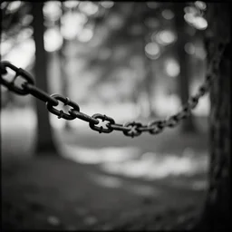 chains on trees, pinhole camera effect, lomography effect, analogue photo quality, monochrome, blur, unfocus
