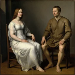 a woman sitting on a chair next to a man, a renaissance painting by Gregory Crewdson, flickr contest winner, feminist art, renaissance painting, dystopian art, genderless