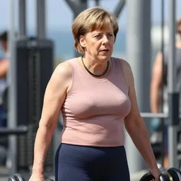angela merkel working out at muscle beach l. a., lots of muscles, good body