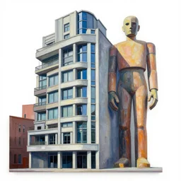artwork of a building with a distinctive style and a large humanoid by kenny scharf,