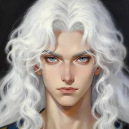a beautiful close - up of a young white - haired! griffith from berserk with very long curly hair and thin - eyebrows!, digital art by edward hopper, vibrant color scheme, highly detailed, in the style of romanticism, fine art, high detail, great lighting, 8 k resolution, masterpiece, concept art, illustration, clear eyes, soft lighting, soft details, painting oil on canvas, octane render, hdr, trending on artstation, 4 k, 8 k, hd