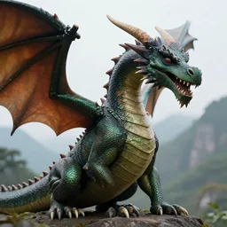 dragon closeup with mountains in background, photorealistic