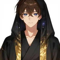 a man with with brown hair and eyes with stars and galaxies in his eyes, wearing a black robe with the tips made of gold, anime, trending on artstation, high quality
