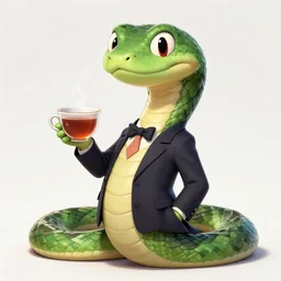 snake wearing suit, holding tea, cartoon, anime, artstation, artgerm, hyperdetalied, 8 k, cgsociety, high quality,
