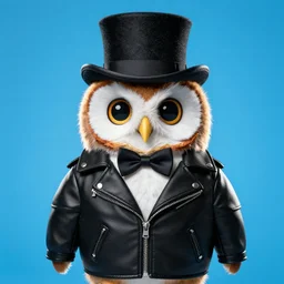 cute owl wearing black biker jacket, portrait photo, backlit, studio photo, bow tie, background colorful, kobalt blue, tophat