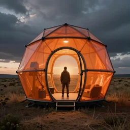 photo of a field of generative design one - man innovative survival pod, orange and black colour palette, geodesic structure, arch viz