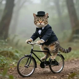 photographic portrait of a cat crow riding an antique toy bicycle, fashionable, distinguished, in a foggy forest