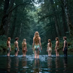 forest nymph rising from the water. view from behind, wide angle view, back view. nuri iyem, james gurney, james jean, greg rutkowski, anato finnstark, davinci, emma watson, gigachad. trending on artstation, starlight, and enchanted dreams. instagram, instagram photo shoot, sigma 3 5 mm, award winning photography