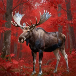 a beautiful and very detailed painting of great ethereal moose in the bright red maple forest with a silver antlers, dynamic lighting, trending on artstation, path traced, highly detailed, high quality, digital art, hyper realistic, octane render, sharp focus, art by artgerm and greg rutkowski and alphonse mucha, 8 k