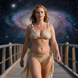 film still of very curvy brie larson, focus on facial - detail!!!!!!, walking on a bridge, similar to the bifrost, toward an endless abyss in space, wearing a flowy bikini inspired by ancient roman clothing, beautiful astronomical background with galaxies and nebulas, lack of sunlight, 8 k resolution, cinematic lighting, anatomically correct, by christopher nolan
