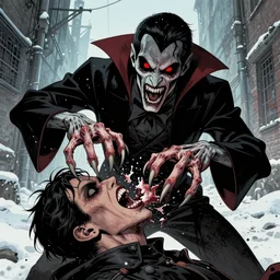 Rafael Albuquerque comic art, scary vampire with red eyes and open mouth and sharp teeth, attacking and eating a person, ripping them apart with long sharp fingers long nails, horror, grotesque, fighting aggression, snow in an alleyway
