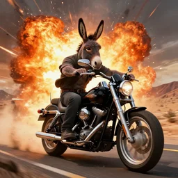 anthropomorphic donkey biker with human characteristics, riding a harley - davidson motorcycle, on a desert highway, digital art, epic composition, fantasy, explosion of color, orange and black, highly detailed, in the style of jake parker, in the style of conrad roset, in the style of rat fink, sharp focus