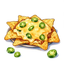 drawing of nachos with cheese and jalapeno illustrations, white background, drawing, cartoon, in the style of shyama golden