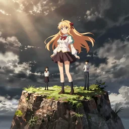 marisa from touhou with staff stands on a cliff, anime