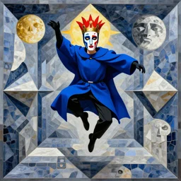 mc escher tessellation person jumping with abstract face makeup king blue cloak black gloves blue red light mullet sun moon symmetrical facial features hyper realistic 4 k rule of thirds extreme detail by gottfried helnwein raqib shaw