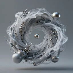 swirling abstract cyborg parts and ornate flowing smoke streams and smooth particle effects surround a small metallic sphere, unreal engine