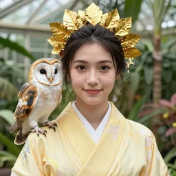 portrait photograph of an extremely beautiful!!!! young female, symmetric face!, symmetric round detailed eyes!!, slight smile, natural light, wearing a yellow kimono!! with a very detailed barn owl! on her shoulder in a tropical greenhouse. looking at the camera!!. fashion editorial. golden crown made of golden leaves. super resolution. extremely detailed. graflex camera!, bokeh!!!!! trending on artstation.