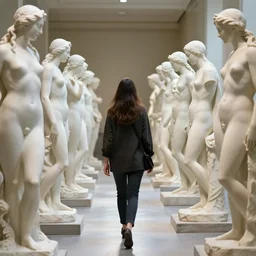 walking on a corridor full of sculptures of women with long hairs, rodin, white marble, back light