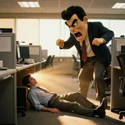 1990s candid 35mm photo of a beautiful day at the office, cinematic lighting, cinematic look, golden hour, a man is working at his cubicle when his very large and serious costumed mascot boss yells at him, large angry mascot face screaming at working man, man is dreaming of escaping through a tunnel in the floor, the tunnel has cinematic light beams shining out of it, UHD