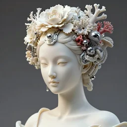 hyper detailed ultra sharp portrait of a beautiful porcelain ivory woman, well contoured smooth skin, up close shot, sharp focus, global illumination, radiant light, biomechanical headdress made of flowers, corals, cyberpunk brackets, mushrooms, silver puffballs, silver white red rhizomorphs, alexandre ferra white mecha, irakli nadar, octane highly render, 4 k, ultra hd,