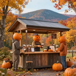 pumpkin headed people ordering maple coffee at a maple coffee stand, maple trees with fall foliage, on a mountain in new hampshire, volumetric, realistic, cinematic lighting, ray tracing, unreal engine 5, octane render, hyper realistic, photo, 8 k