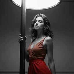 beautiful woman in a coffee dress standing under the circle of light of lamp post, grayscale phtoto with red dress, photo noire style, high resolution, 4k, highly detailed, attention to details, detailed face, realism, photo-realism, photo by marco glaviano, 35mm