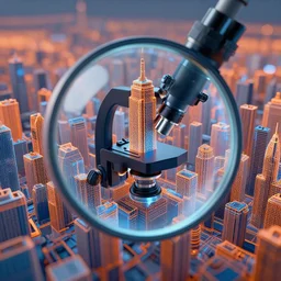 an electron microscope image of a sprawling mega city, bokeh, 3D render, magnified, orange and blue wireframe render, 4k HD