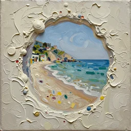 palette knife painting of a close up of a three - dimensional thick impasto oil painting of a beautiful italian beach scene, seen through complex globular texture, lots of thick encrusted paint, vast amounts of wax - like lines of dripping oil paint cover nearly everything, painted by signac and mostafa keyhani, background thick encrusted paint