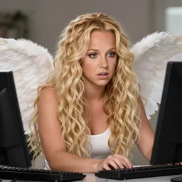 young britney spears look alike with extremely long blonde voluminous curly hair sitting at a computer, with an angel, anxious