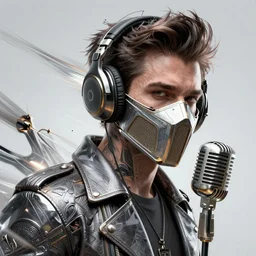 character portrait concept design guy denning, tim doyle handsome anarchist figure headphones antique microphone broadcast radio face mask heroic!! sharp edges. elegant, dynamic angle, intricate highly detailed complexity, epic composition, symmetry, cinematic lighting masterpiece