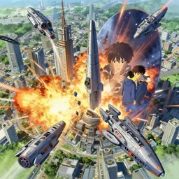 sci - fi city getting attacked by spaceships, explosions, protection shield, aerial view, art by makoto shinkai and alan bean, yukito kishiro