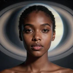 symmetry!! a 2 8 mm macro photo of a beautiful young black woman standing in front of a ringed planet with rings in space. cute - fine - face, pretty face, realistic shaded perfect face, dark, concept art, cinematic, dramatic, atmospheric, 8 k, trending on artstation, haze, low visibility, fog, christopher nolan, interstellar