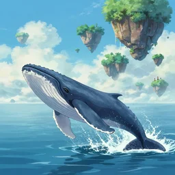 a huge whale jumps out of the water, with several floating islands behind it floating in the air, by makoto shinkai, anton fadeev, thomas kinkade, and james gilleard, deviantart, cgsociety, ultra wide angle, 4 k vertical wallpaper