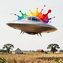 ufo flying over a farm by josan gonzalez splash art graphic design color splash high contrasting art, fantasy, highly detailed, art by greg rutkowski