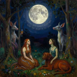 dramatic lighting colorful surrealist symbolist oil painting titled'mama here comes midnight with the dead moon in its jaws ', magical realism symbolist, wooded landscape with hybrid animal figures, painted by arnold bocklin and odilon redon and max ernst, shocking detail trending on artstation 8 k