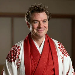 Stephen Fry in a fancy kimono, unreal engine octane, red and white, portrait, glitter, depth of field, 8k, hyper detailed