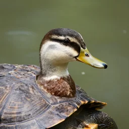 a duck head coming out of a turtles shell, high resolution photograph