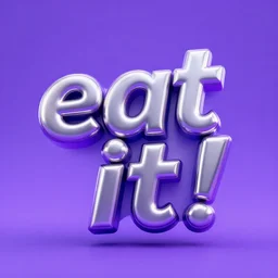 typography saying eat it!, metallic 3 d icon, 3 d render, unreal engine, bluish - purple backdrop, trending on artstation,