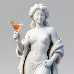 a smiling model of a white marble human statue with clothes holding a coctail, digital illustration, in the style of skeeva, 3 d render, above the waist