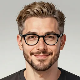 a man, short hair, light brown hair, wisps of gray hair, undercut, beard, glasses, bushy eyebrows, wide neck, smiling, salt and pepper hair, strong nose, hazel eyes, portrait shinkai makoto key hideaki anno sakimichan stanley artgerm lau rossdraws james jean marc simonetti elegant highly detailed digital painting artstation pixiv