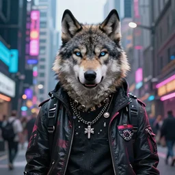 beautiful furry art portrait digital art commission of a furry anthro wolf fursona wearing punk clothes in the streets of a cyberpunk city. character design by rick griffin, miles df
