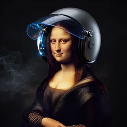 photo of mona lisa, leds visor helmet, profile pose, bust shot, high detail, studio, black background, smoke, sharp, cyberpunk, 8 5 mm sigma art lens