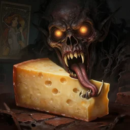 dark fantasy, brick of cheddar cheese with long sharp teeth, horror, glowing eyes, gnashing teeth, forked tongue, volumetric lights, intricate, intense detail, digital painting, artstation, concept art, soft focus, cinematic, illustration, ugly face, style of h. r. giger, greg rutkowski, alphonse mucha, kentaro miura, 4 k