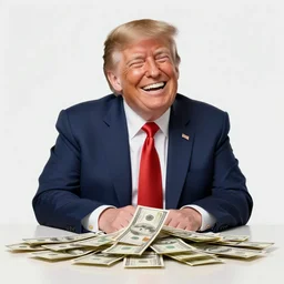 Donald Trump laughing while sitting next to a pile of money on a table