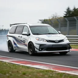 1990s Toyota Sienna with racing tires and racing livery, widebody kit, drifting through nurburgring, photography