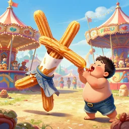 a churro dancing away from a chubby kid that's trying to eat it at a carnival, an ultrafine hyperdetailed illustration by kim jung gi, irakli nadar, intricate linework, bright colors, octopath traveler, final fantasy, unreal engine 5 highly rendered, global illumination, radiant light, detailed and intricate environment